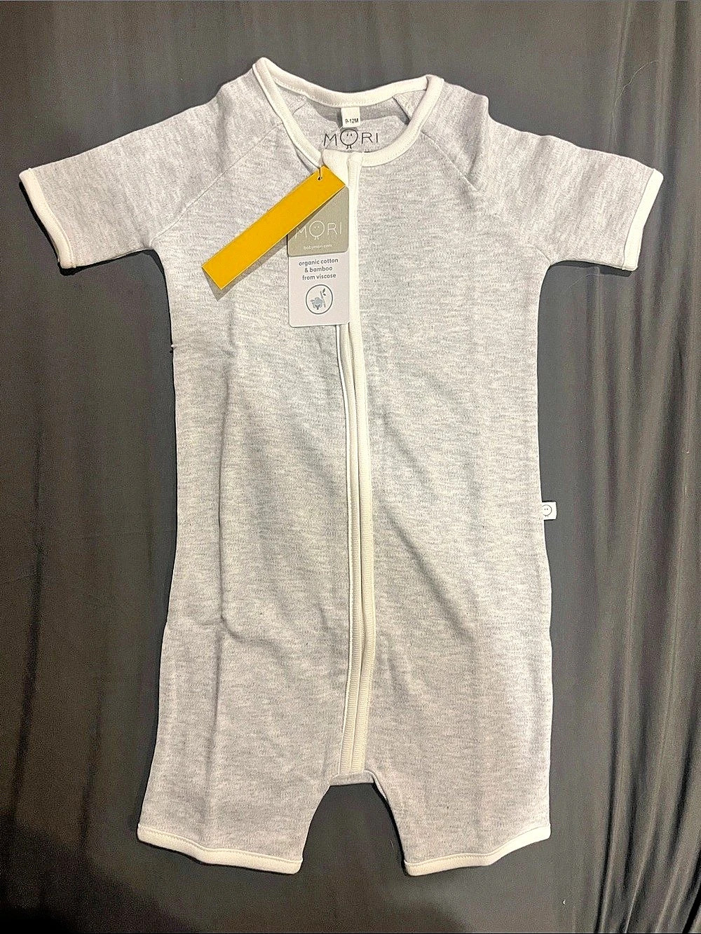 MORI Short Sleeve Front Zip Romper Gray & White Baby 9-12M